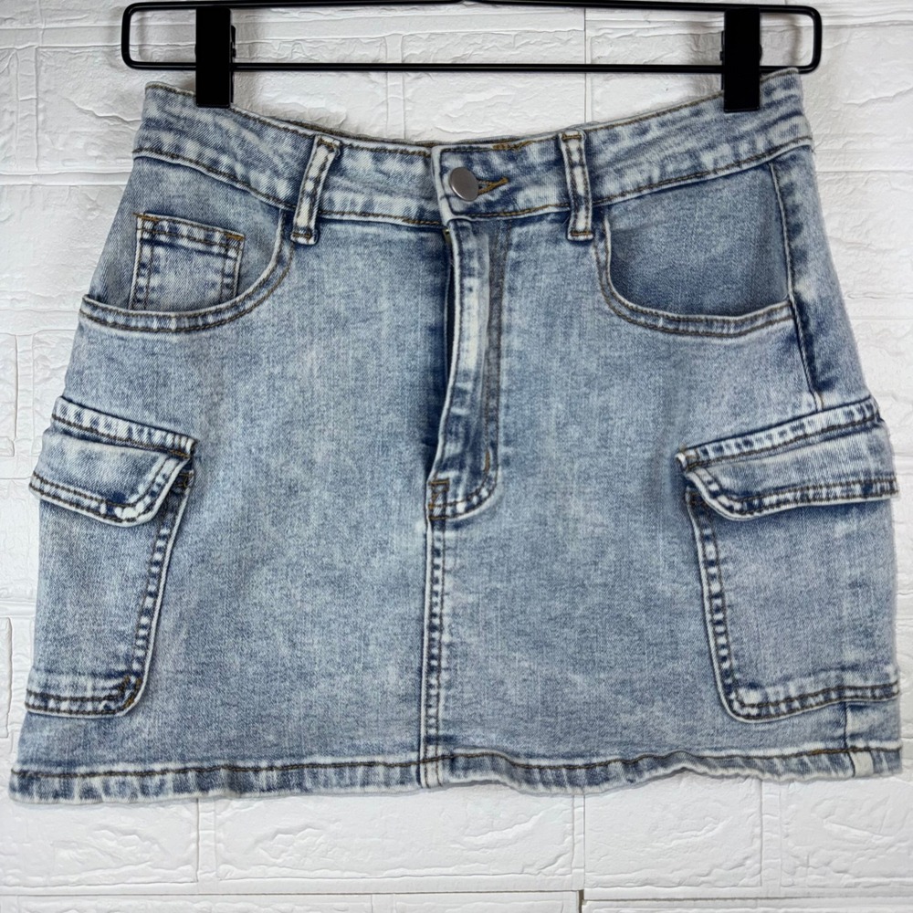 Denim Cargo Skirt Women Petite Ml Blue Acid Wash Y2K Mini Utility Pocket